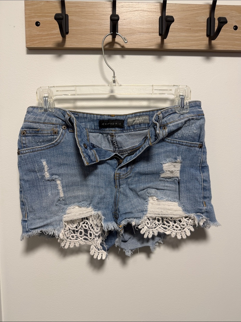 Aeropostale Distressed Denim Shorts with White Crochet Detail